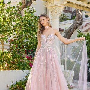 New Blush Rhinestones Embellished Tulle Gown w/ Choker & Corset Bodice JT2620U